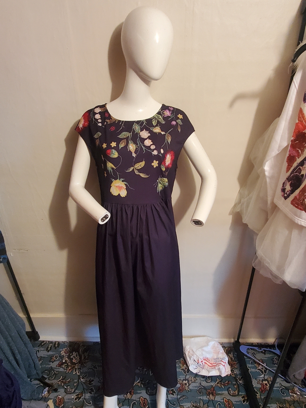 Floral Embroidered Navy Midi Dress